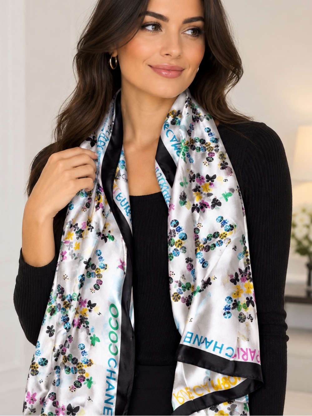 Brand New Silk Floral Logo Scarf in White and Multicolor - Women Accessories